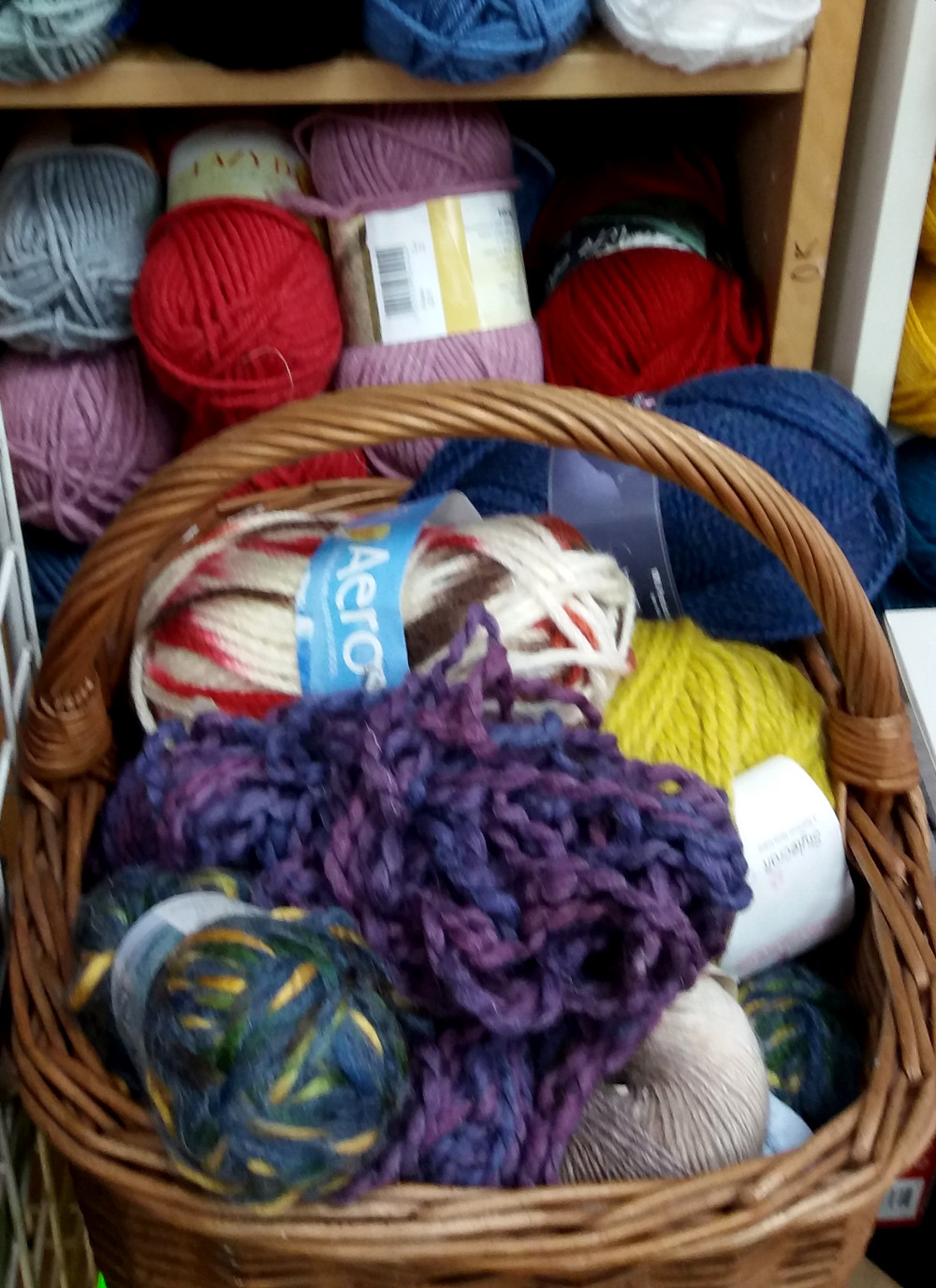 Bundles of wool on shelves in Art and Craft Valley, Coulsdon